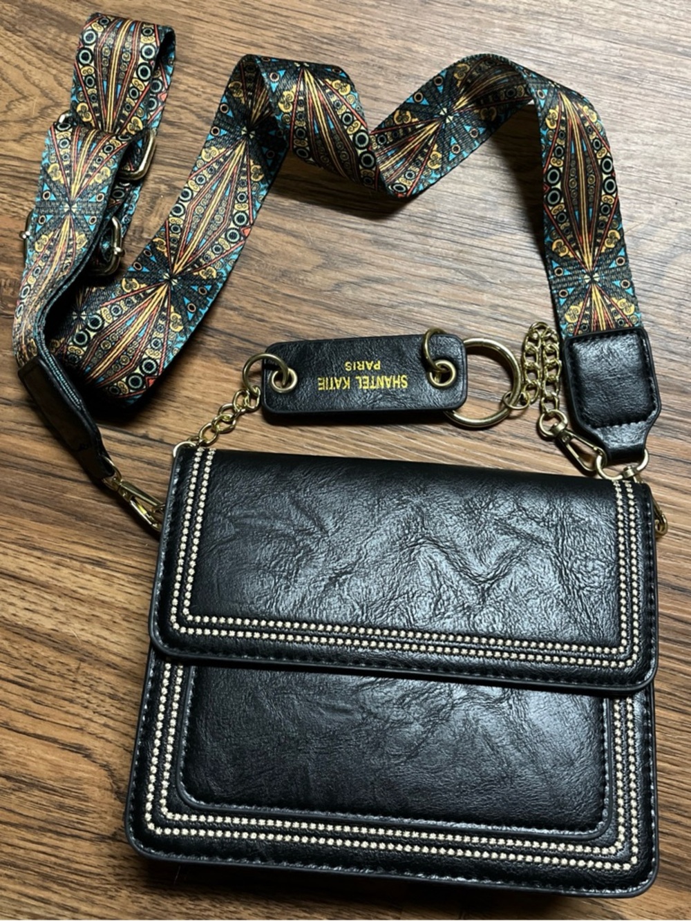 Shantel Katie Paris Crossbody Bag Purse Brown Leather Teal Paisley Camera Strap